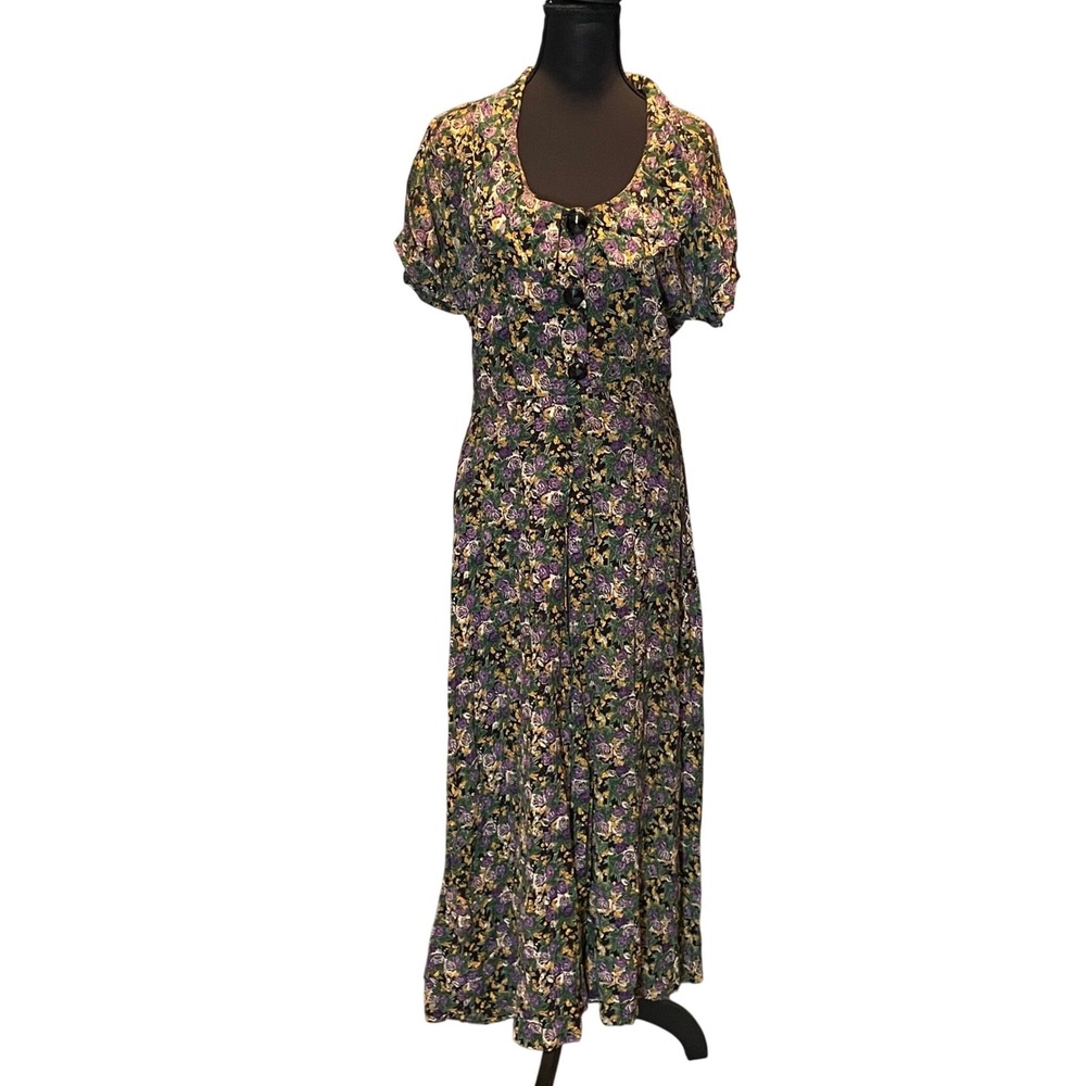 Mica VTG Floral Maxi Dress Short Sleeve Button Front Grunge 90s Whimsigoth